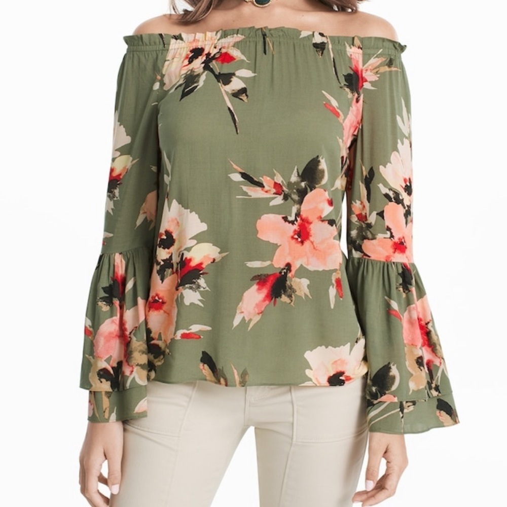 Off the Shoulder Green Floral Bell Sleeve Blouse White House Black Market
